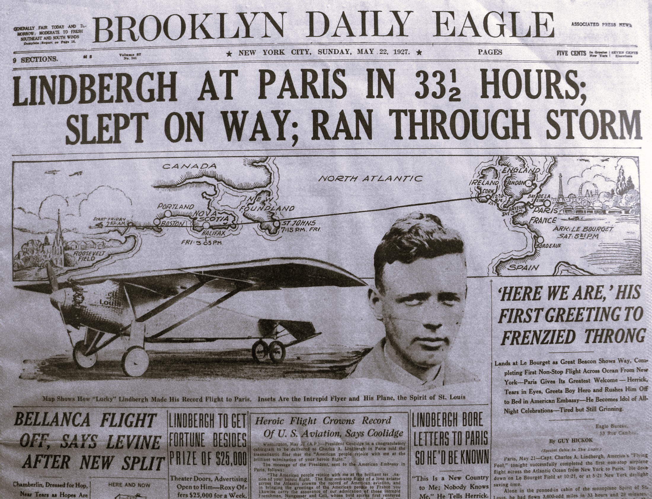 Charles Lindbergh transatlantic flight headline